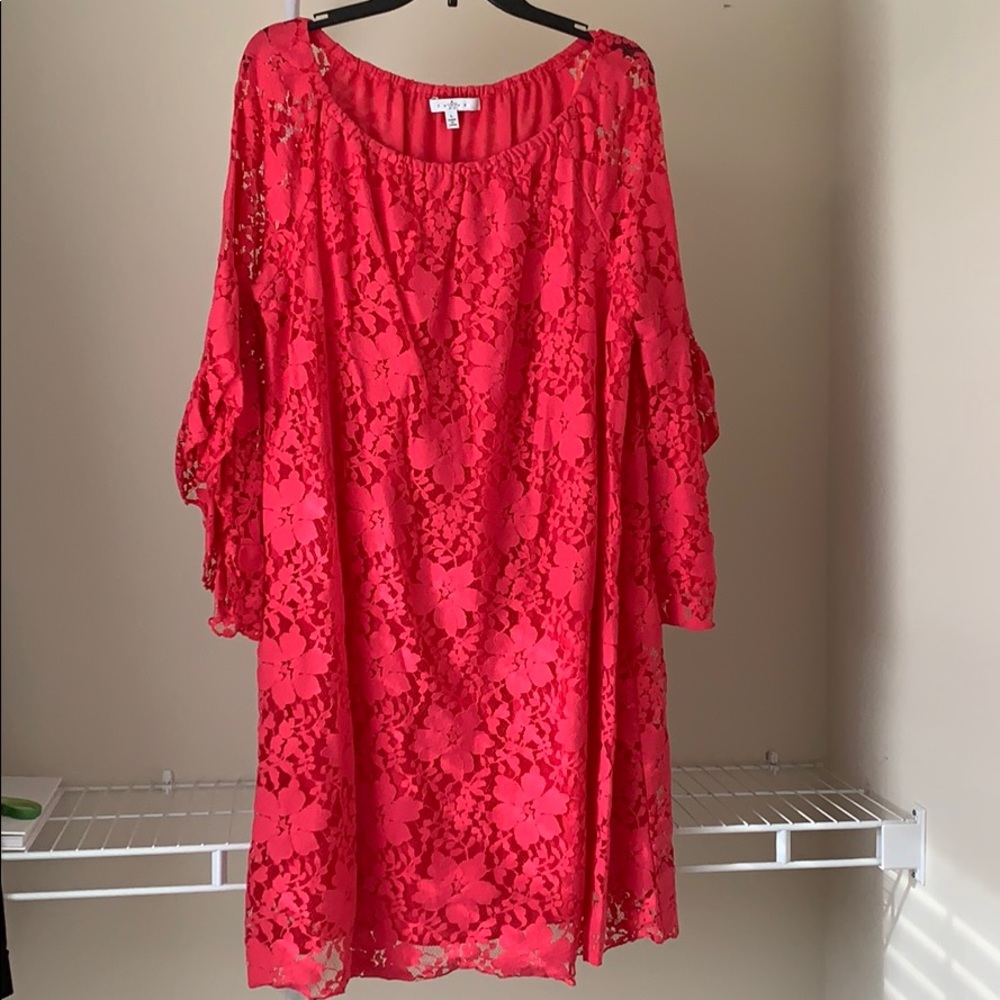 FEVER - PINK LACE MIDI BELL SLEEVE DRESS
